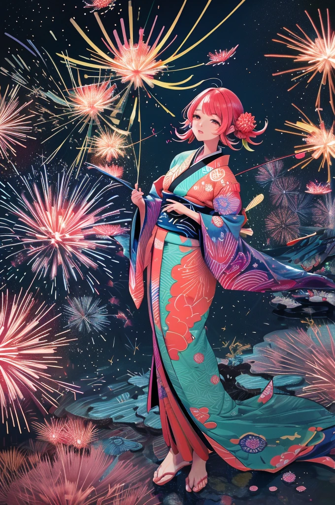 Microphotography, Anime girl made of glass in kimono silhouette, vibrant rainbow river, fireworks in night sky, colorful coral reefs, detailed illustration, Ukiyo-e style