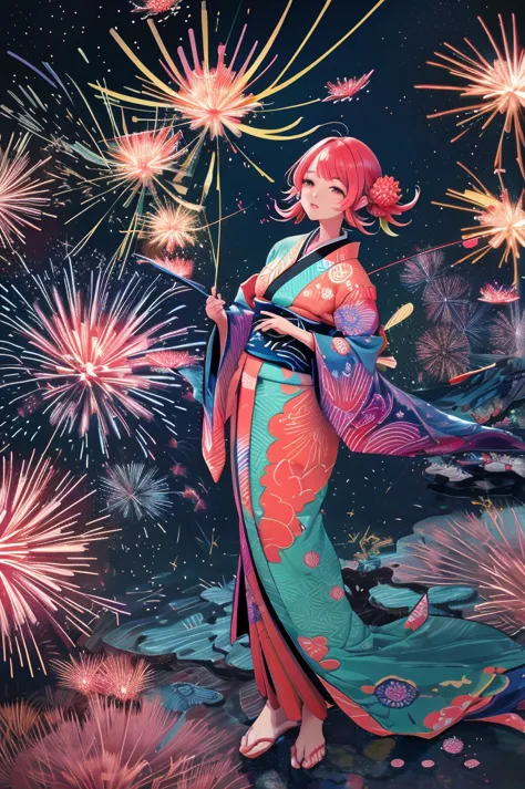 microphotography, anime girl made of glass in kimono silhouette, vibrant rainbow river, fireworks in night sky, colorful coral r...