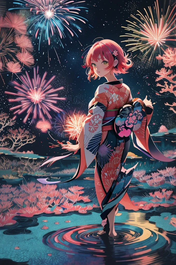 Microphotography, Anime girl made of glass in kimono silhouette, vibrant rainbow river, fireworks in night sky, colorful coral reefs, detailed illustration, Ukiyo-e style