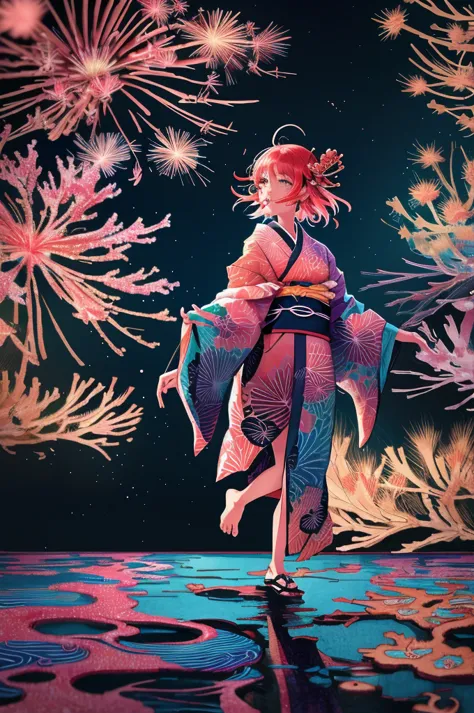 microphotography, anime girl made of glass in kimono silhouette, vibrant rainbow river, fireworks in night sky, colorful coral r...