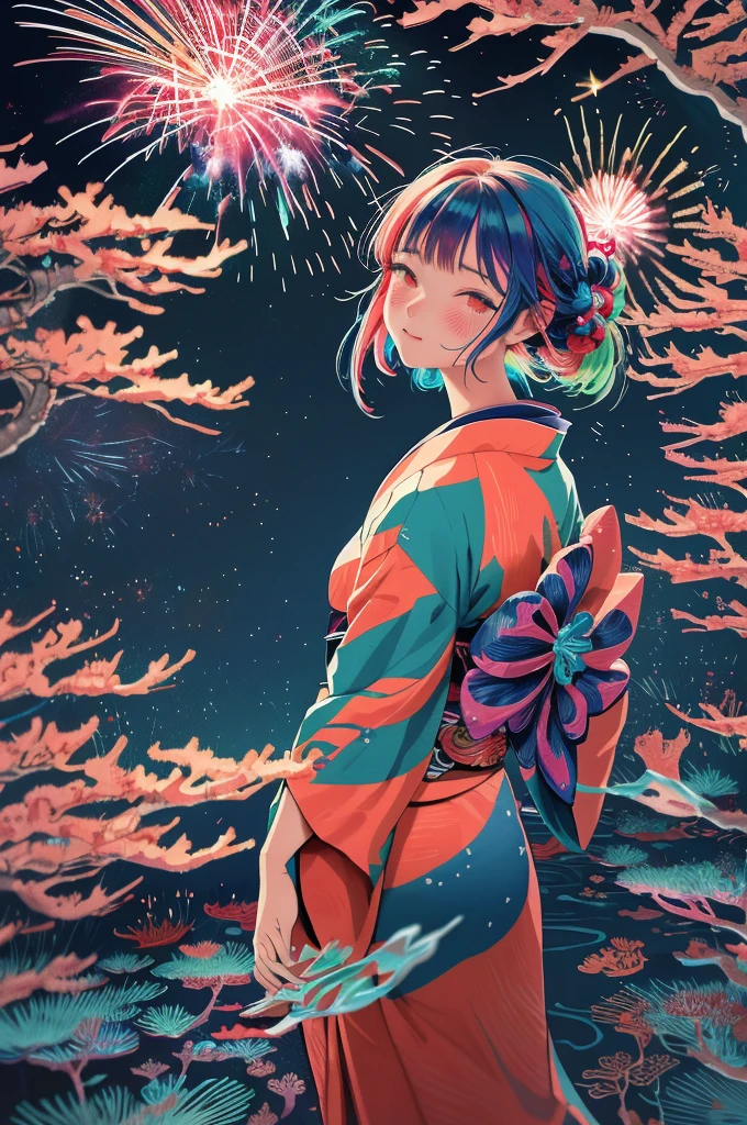 Microphotography, Anime girl made of glass in kimono silhouette, vibrant rainbow river, fireworks in night sky, colorful coral reefs, detailed illustration, Ukiyo-e style