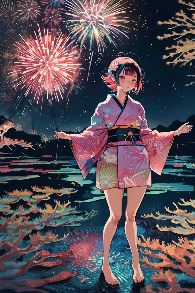 Microphotography, Anime girl made of glass in kimono silhouette, vibrant rainbow river, fireworks in night sky, colorful coral reefs, detailed illustration, Ukiyo-e style