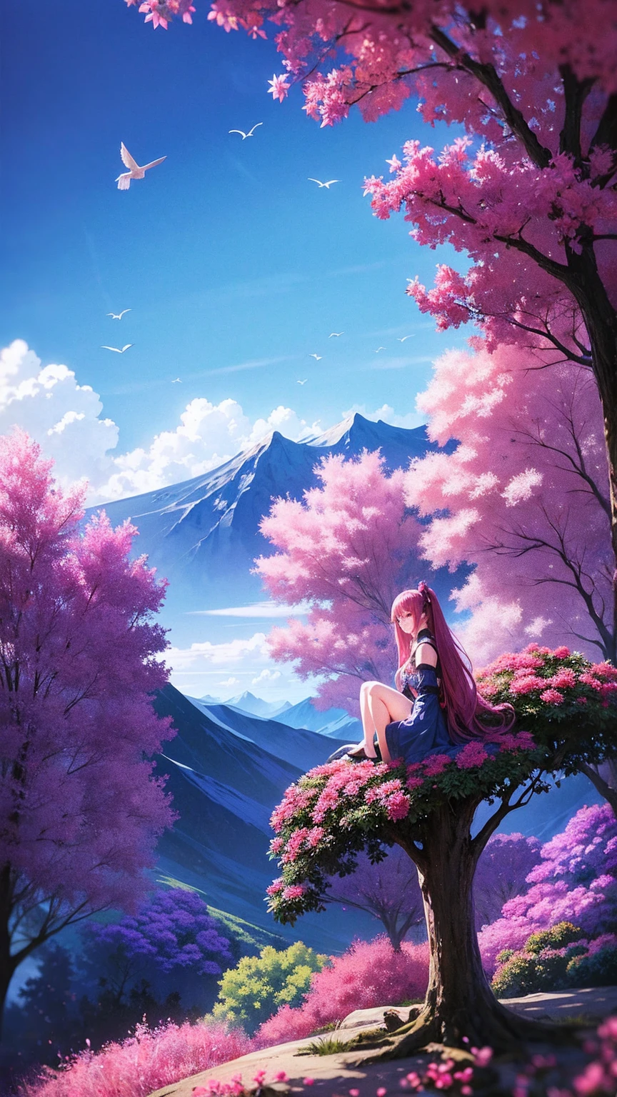 anime-style illustration, The image shows a young woman sitting watching overlooks the vast expanse of clear blue sky and mountain, flower colorful color blue red green purple yellow, fantasy world medieval, rocks, tree branches, fallen leaves, birds, The scene is depicted in a highly saturated and vibrant style, intense and rich COLORS VIVID, strong exaggerated colors, , dramatic lighting, epic, majestic, awe-inspiring, mystical, ethereal, The sky above is clear blue sky, The atmosphere is full of magical color films, High Detail.