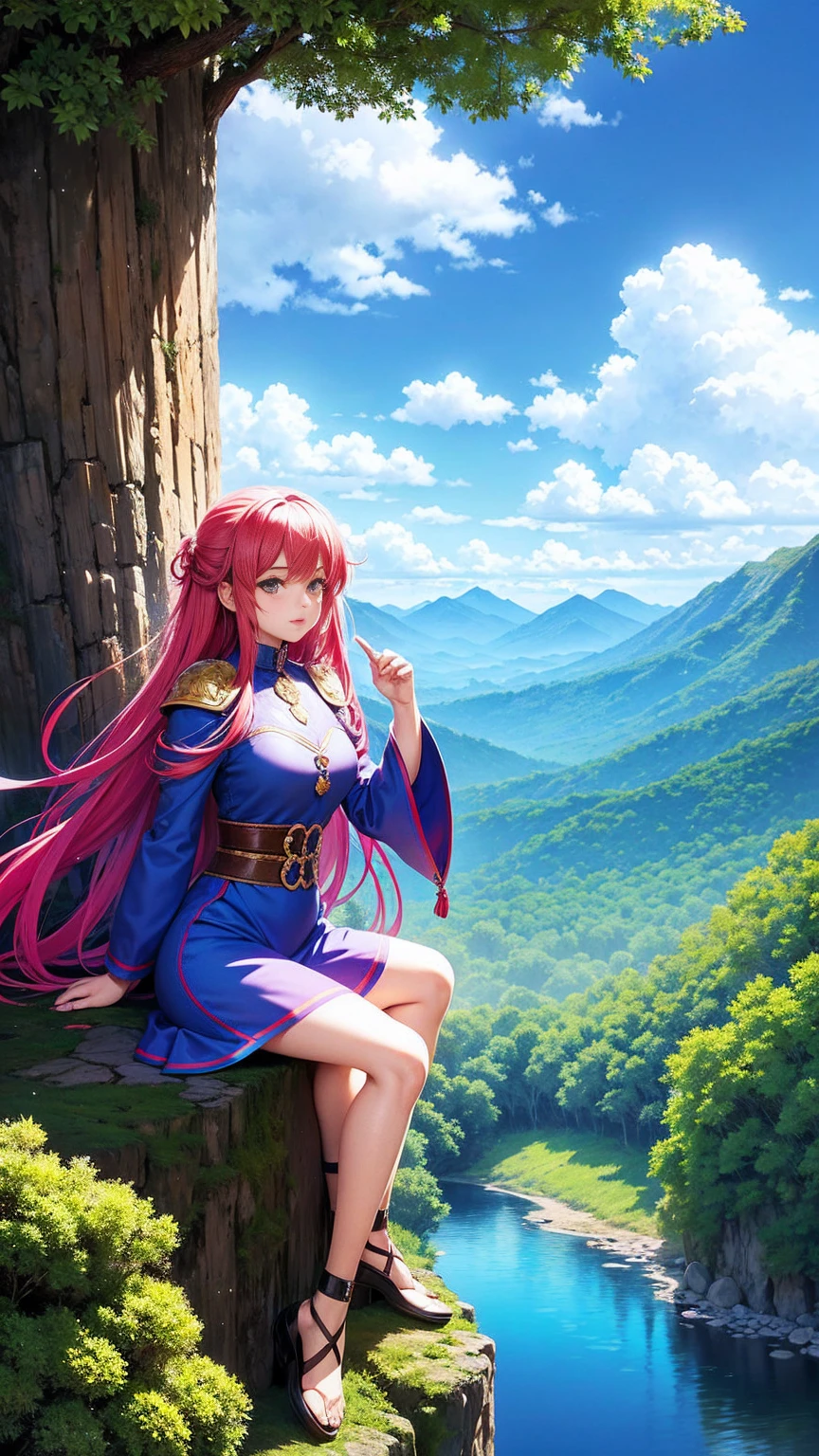 anime-style illustration, The image shows a young woman sitting watching overlooks the vast expanse of clear blue sky and mountain, flower colorful color blue red green purple yellow, fantasy world medieval, rocks, tree branches, fallen leaves, birds, The scene is depicted in a highly saturated and vibrant style, intense and rich COLORS VIVID, strong exaggerated colors, , dramatic lighting, epic, majestic, awe-inspiring, mystical, ethereal, The sky above is clear blue sky, The atmosphere is full of magical color films, High Detail.