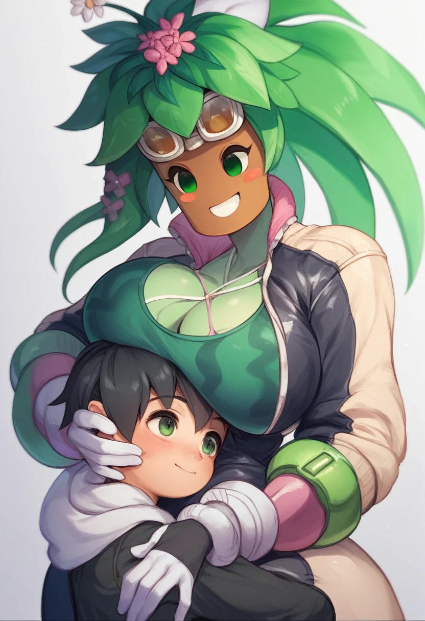 score_6, score_5, score_4, score_9, score_8_up, score_7_up, 1girl, milf kanna, clothes, blaster master, kanna and shota, hug, smile, looking at other, small shota, green eyes, black hair, normal shota,