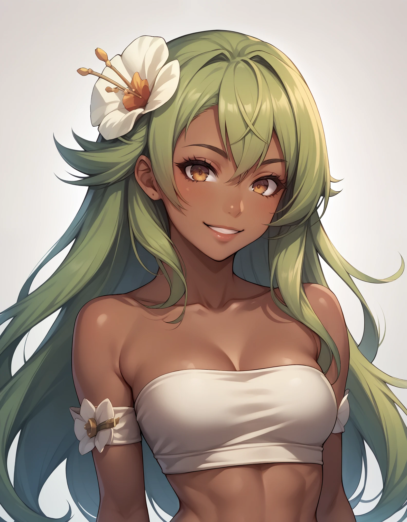 score_9, score_8_up, score_7_up, score_6_up, BREAK, source_cartoon, source_anime, 1girl, SadidaDG, amalia sheran sharm,, green hair, long hair, hair flower, dark skin, bare shoulders, tube top, upper body, smile, looking at viewer, solo, simple background