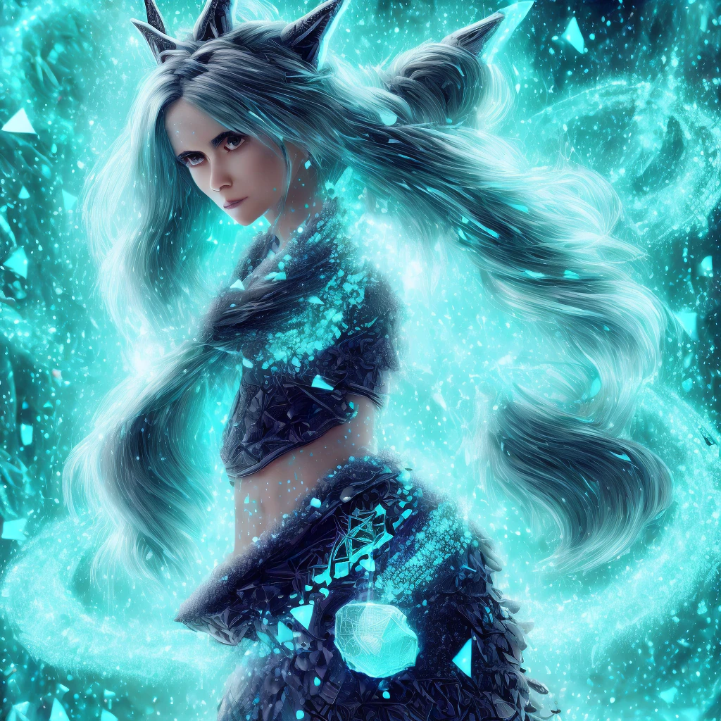 1woman, Beautiful, perfect anotomy, turquoise long hair, black scarlet eye, stature high, perfect face detail, queen wolf, god wolf, walking ice lake, fullmon, luciernagas, multiple sword around, good glowing, blushing, masterpiece, high quality, furry