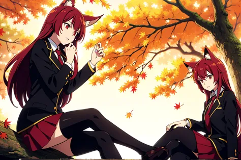 ((beautiful face)),1girl ,20s,mature female,solo,(red hair),long hair,red eyes,fox ears,(autumn leaves,outdoors),serious,necktie...