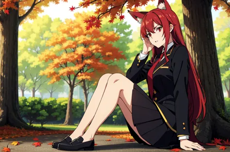 ((beautiful face)),1girl ,20s,mature female,solo,(red hair),long hair,red eyes,fox ears,(autumn leaves,outdoors),serious,necktie...