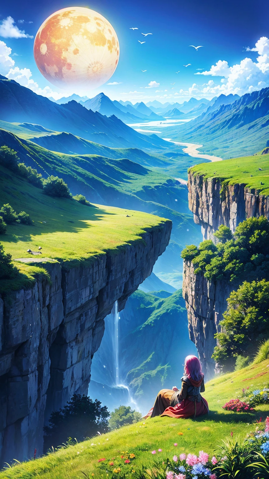 anime-style illustration, The image shows a young woman sitting in the hill watching overlooks the vast expanse of clear blue sky and mountain, flower colorful color blue red green purple yellow, fantasy world medieval, rocks, tree branches, fallen leaves, birds, The scene is depicted in a highly saturated and vibrant style, intense and rich COLORS VIVID, strong exaggerated colors, , dramatic lighting, epic, majestic, awe-inspiring, mystical, ethereal, The sky above is clear blue sky, The atmosphere is full of magical color films, High Detail.