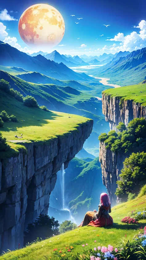 anime-style illustration, the image shows a young woman sitting in the hill watching overlooks the vast expanse of clear blue sk...