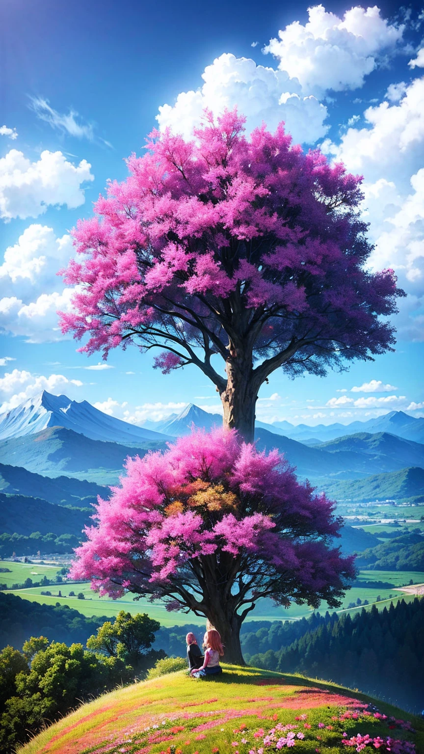 anime-style illustration, The image shows a young woman sitting in the hill watching overlooks the vast expanse of clear blue sky and mountain, flower colorful color blue red green purple yellow, fantasy world medieval, rocks, tree branches, fallen leaves, birds, The scene is depicted in a highly saturated and vibrant style, intense and rich COLORS VIVID, strong exaggerated colors, , dramatic lighting, epic, majestic, awe-inspiring, mystical, ethereal, The sky above is clear blue sky, The atmosphere is full of magical color films, High Detail.