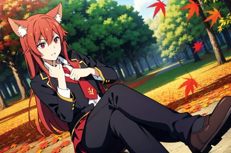 ((beautiful face)),1girl ,20s,mature female,solo,(red hair),long hair,red eyes,fox ears,(autumn leaves,outdoors),serious,necktie...