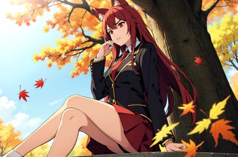 ((beautiful face)),1girl ,20s,mature female,solo,(red hair),long hair,red eyes,fox ears,(autumn leaves,outdoors),serious,necktie...