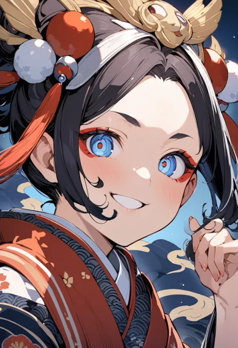 ( best quality:1.2), 1 girl only,((ukiyoe)),big smiling, exquisite makeup, exquisite eyes, eye detail,forehead