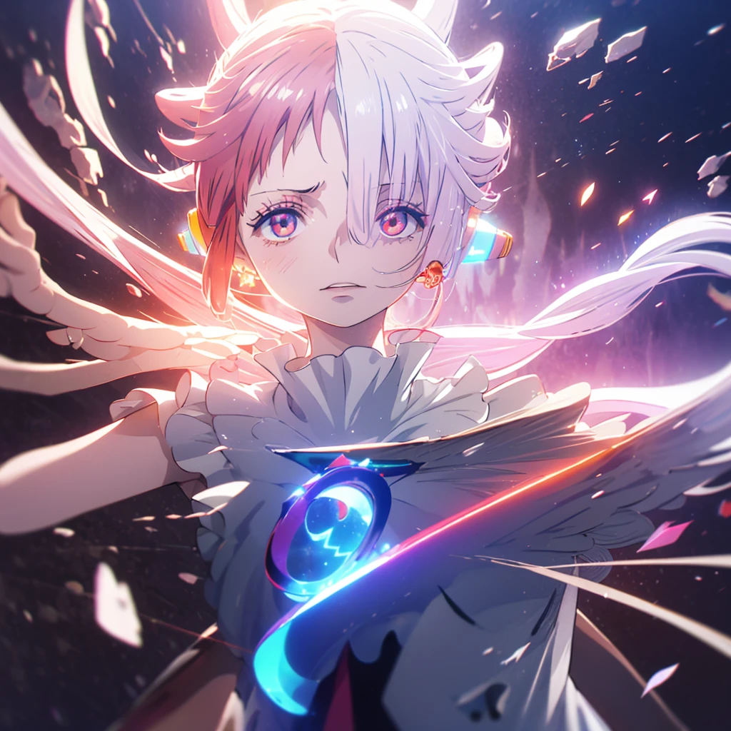 Red and white hair　pendant　Shiny earrings　Flowing hair　Bathed in light　Open your mouth
((Dark sideSad and Insanity faice ))
Shining Aura　Shining　Crystal Eyes　Confetti　Particles of light  Eye shine red

(night　Distorted Space-Time　star　fullmoon　)　
Catch the wind　Light