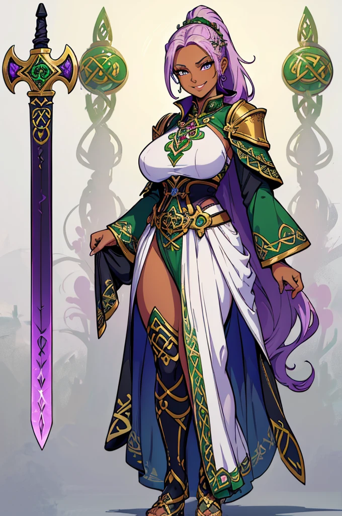 (masterpiece, best quality, high resolution, (huge breasts) 1 beautiful woman, lilac hair tied in a ponytail, full body fantasy Celtic knight costume, fantasy Celtic knight accessories ,Celtic sword in hands,smile,(dark skin)) ( white background ,Stickers.Redmond ), ((full body standing)),
