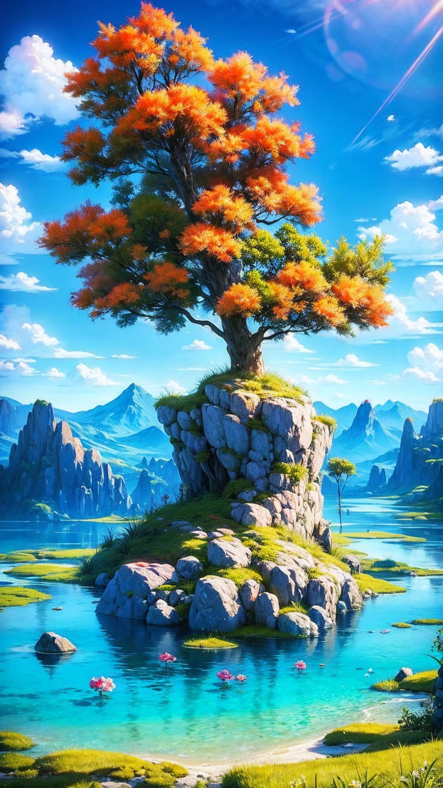 anime-style illustration, The image shows a young woman sitting in the hill watching overlooks the vast expanse of clear blue sky and mountain, flower colorful color blue red green purple yellow, fantasy world medieval, rocks, The scene is depicted in a highly saturated and vibrant style, intense and rich COLORS VIVID, strong exaggerated colors, , dramatic lighting, epic, majestic, awe-inspiring, mystical, ethereal, The sky above is clear blue sky, The atmosphere is full of magical color films, High Detail.