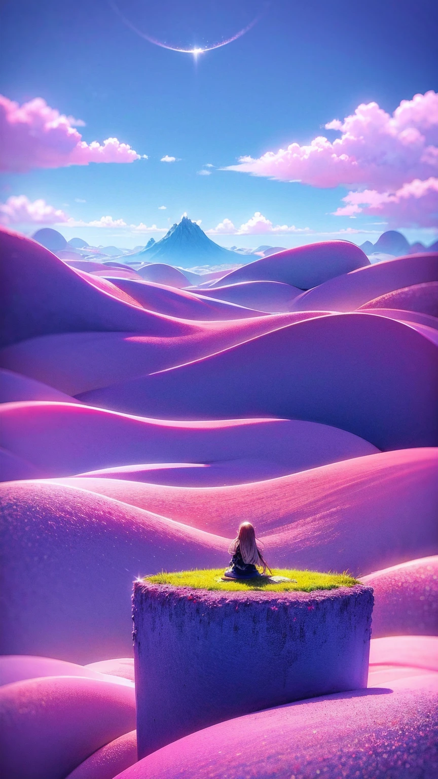 anime-style illustration, The image shows a young woman sitting in the hill watching overlooks the vast expanse of clear blue sky and mountain, flower colorful color blue red green purple yellow, fantasy world medieval, rocks, The scene is depicted in a highly saturated and vibrant style, intense and rich COLORS VIVID, strong exaggerated colors, , dramatic lighting, epic, majestic, awe-inspiring, mystical, ethereal, The sky above is clear blue sky, The atmosphere is full of magical color films, High Detail.