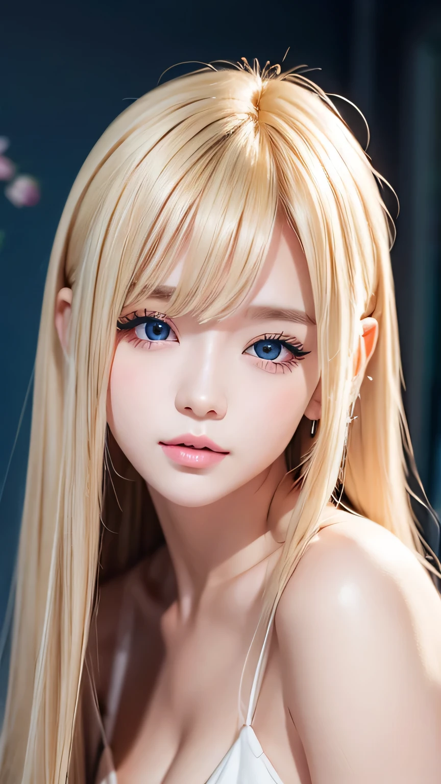 A beautiful girl with very long, beautiful blonde hair、Very beautiful shiny pretty face、bangs over eyes、Beautiful shiny skin、Beautiful cute sexy sparkling pale very bright sky blue eyes、Very big eyes、Beautiful super long shiny silky blonde hair、Bangs between the eyes、Cute little beautiful girl 18 years old、Blonde hair above the eyes、片Blonde hair above the eyes、Blonde hair between the eyeastepiece, Best Quality, Illustration, Ultra-detailed, High resolution, 8K Denden Wallpaper, Perfect dynamic composition, Beautiful detailed eyes , of hotel(B), Sexy face,A face in ecstasy,Face at peak sexual arousal,Excited face from、Small Face Beauty、Round face、bangs on the face、Hair between the eyes