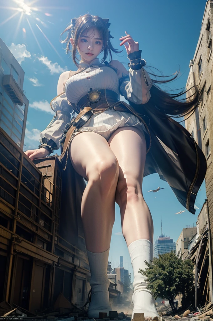 looking at the camera、steampunk、Standing on top of a ruined building、Big building explosion、The building collapses、Urban hustle and bustle、Traffic jam、City of Rubble、street tree、Car and bus、truck、taxi、City boulevard、Pedestrian bridge、Streetcar route((((Azur Lane Cheshire Cosplay))))、Frilled maid outfit、（(Super huge breasts)）、（(Plump thighs)）、Ground View，City of Giants,500 foot tall giant girl，skyscraper,Has super long legs,Step into the crowd，There are many people on the street,Knee-high socks，A happy look，Standing on the ruins，Beautiful appearance，Exquisite makeup，quality，8K，高quality，Perfect Proportions, Cinema Lighting，Film Grain，The Colors of Fuji，8K，Textured skin，Super Detail，High detail，high quality，High resolution，explode，False Smile、Reaching out