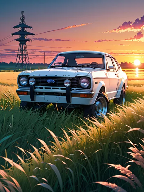 anime landscape of A pearl super Polar white pearl color classic Ford 200RS sport sits in a field of tall grass with a sunset in...
