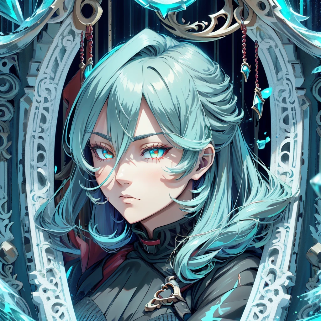 1woman, Beautiful, perfect anotomy, turquoise long hair, black scarlet eye, stature high, perfect face detail, queen wolf, god wolf, walking ice lake, fullmon, luciernagas, multiple sword around, good glowing, blushing, masterpiece, high quality, furry