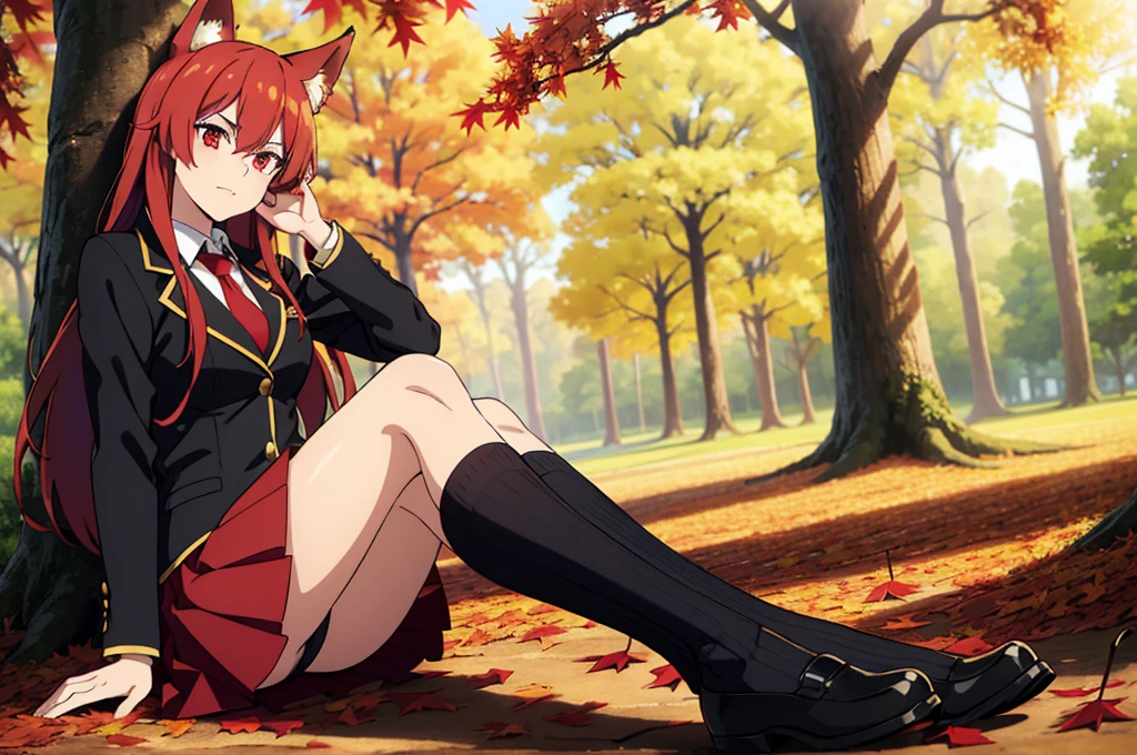 ((beautiful face)),1girl ,20s,mature female,solo,(red hair),long hair,red eyes,fox ears,(autumn leaves,outdoors),serious,necktie,black jacket, blazer,long sleeves,pleated skirt,looking ai view,feet out of frame,falling leaves,sitting,holding,hair between eyes,against tree