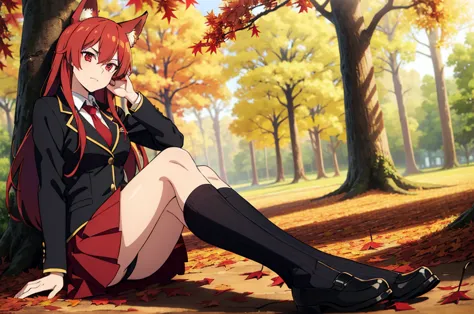 ((beautiful face)),1girl ,20s,mature female,solo,(red hair),long hair,red eyes,fox ears,(autumn leaves,outdoors),serious,necktie...