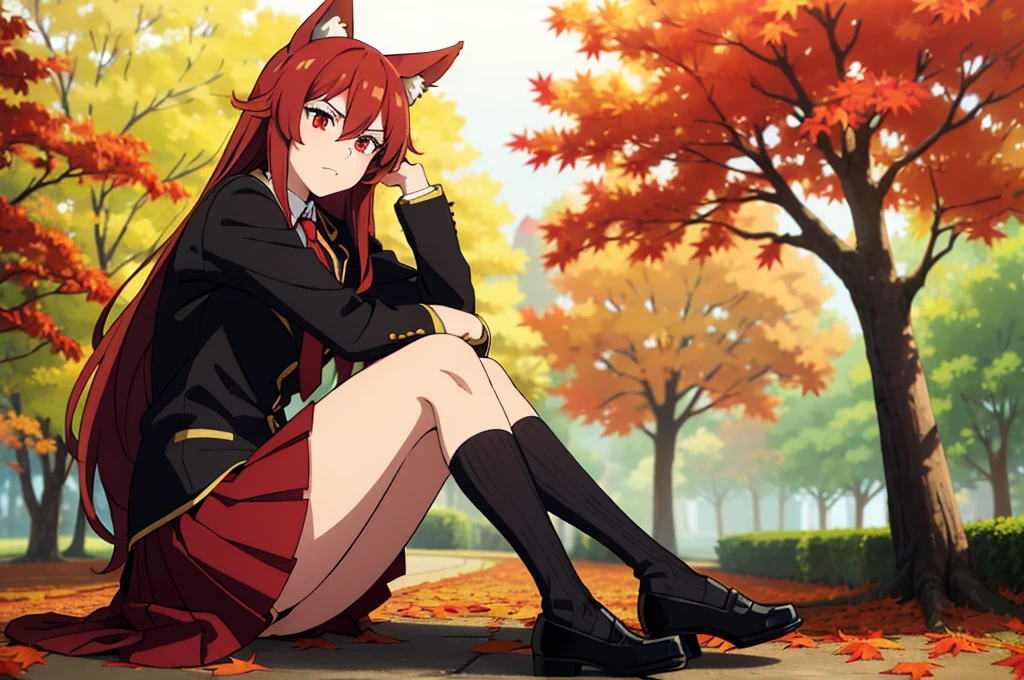 ((beautiful face)),1girl ,20s,mature female,solo,(red hair),long hair,red eyes,fox ears,(autumn leaves,outdoors),serious,necktie,black jacket, blazer,long sleeves,pleated skirt,looking ai view,feet out of frame,falling leaves,sitting,holding,hair between eyes,against tree