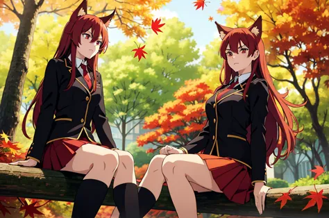 ((beautiful face)),1girl ,20s,mature female,solo,(red hair),long hair,red eyes,fox ears,(autumn leaves,outdoors),serious,necktie...