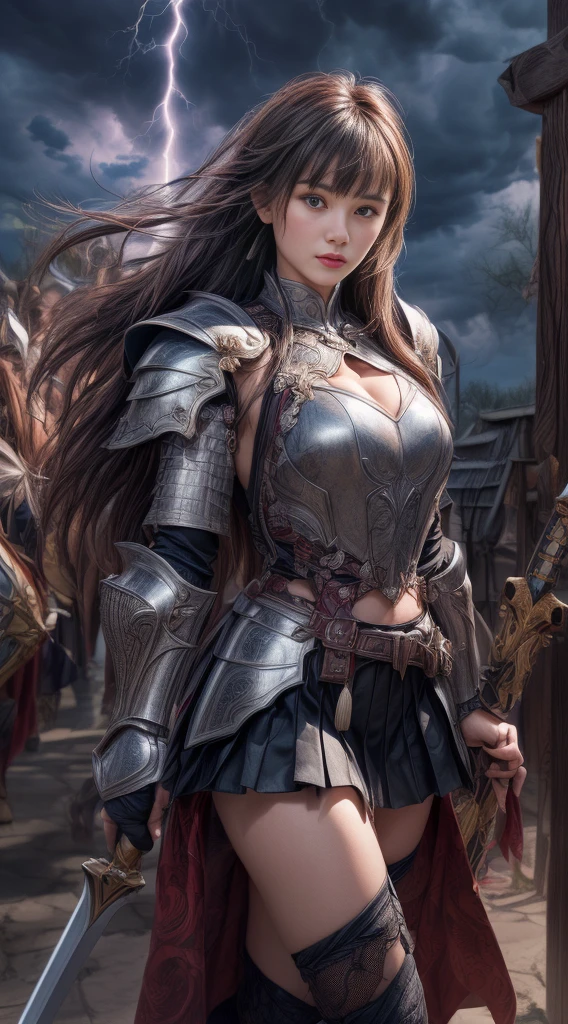 Cowboy Shot、Very beautiful woman、Slender women、(Detailed face)、Realistic Skin、((Demon Knight)), (Black Armor)、((((非常に細かく複雑な装飾が施されたBlack Armor))))、((Delicate photo))，(Girl Astepeace RAW Photo Details:1.25), (Highest quality:1.6), (Ultra-high resolution:1.5), (Realistic:1.75), 8K resolution, Canon EOS R5, 50mm, Absurd, Super detailed,Cinema Lighting,Battlefields of Medieval Europe、((Fight))、RPG World、Final Fantasy、(((Decorative skirt)))、Thigh-high socks、Shingard、night、((Long hair with bangs,))、Get a six pack、Torn Cloak、Beautiful Armor、(((Giant Sword)))、In combat、The wind is blowing、((Asymmetric Armor:1.5))、(((thunderstorm)))、((Knight Commander))、(((Leading a large group of black knights)))、banner、Wolf Pattern:1.5