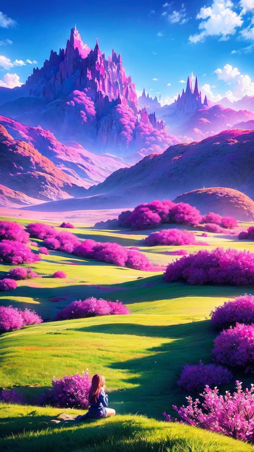 anime-style illustration, The image shows a young woman sitting on the grass watching overlooks the vast expanse of clear blue sky and mountain, flower colorful color blue red green purple yellow, fantasy world medieval, rocks, The scene is depicted in a highly saturated and vibrant style, intense and rich COLORS VIVID, strong exaggerated colors, , dramatic lighting, epic, majestic, awe-inspiring, mystical, ethereal, The sky above is clear blue sky, The atmosphere is full of magical color films, High Detail.