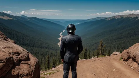 a luxury sales suit man wearing a black rider full-face helmet overlooking wilderness,full body,standard rider black full face h...