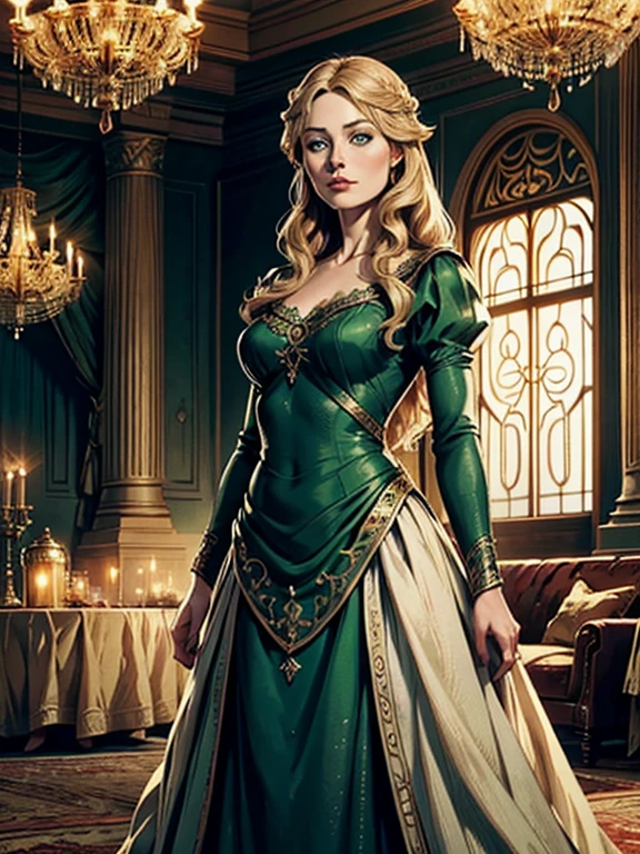 a beautiful woman in a long tight ball gown dress, Eowyn from the Lord of the Rings, exquisitely detailed portrait, detailed facial features, striking emerald green eyes, delicate facial structure, elegant hairstyle, dramatic ballroom setting with ornate chandeliers, luxurious interior, dramatic lighting, photorealistic, highly detailed, intricate fabric textures, shimmering satin, accentuating her figure, cinched waist, graceful pose, regal bearing, fantasy, digital art