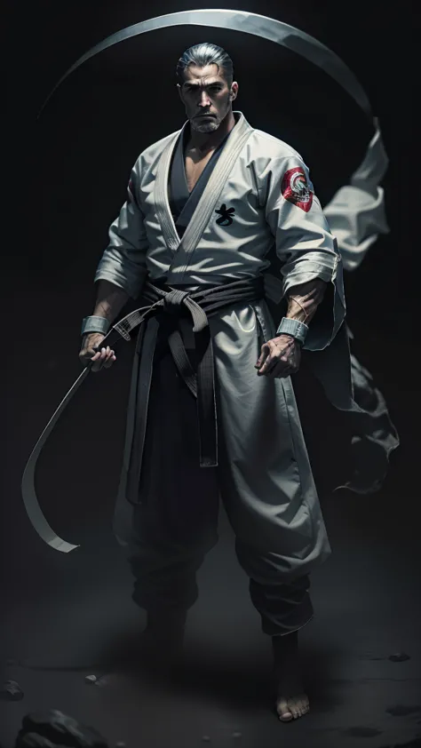 a jiu-jitsu fighter wearing a white kimono, with the black sash tied tightly around the waist. your body is muscular and agile, ...