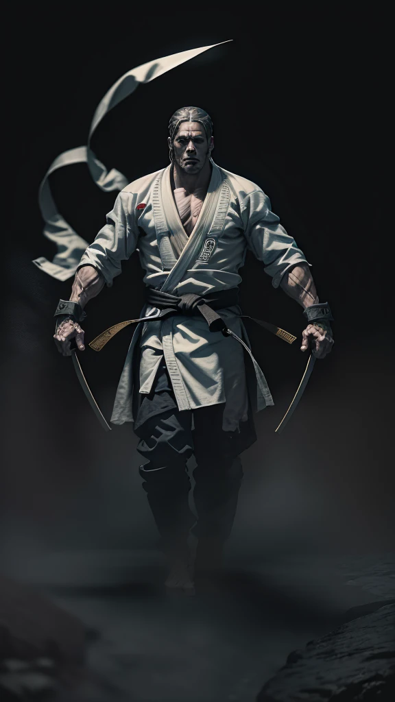 A Jiu-Jitsu fighter wearing a white kimono, with the black sash tied tightly around the waist. Your body is muscular and agile, ready to face any challenge on the mat. He maintains a confident posture, with feet apart and arms relaxed. Your eyes are focused, and its expression conveys determination and respect for the traditions of the sport.