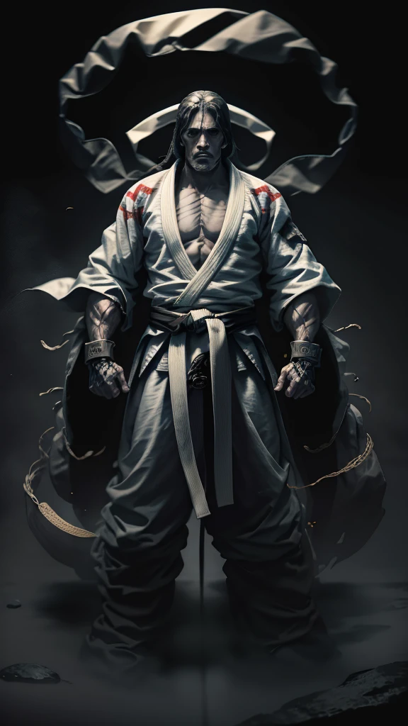 A Jiu-Jitsu fighter wearing a white kimono, with the black sash tied tightly around the waist. Your body is muscular and agile, ready to face any challenge on the mat. He maintains a confident posture, with feet apart and arms relaxed. Your eyes are focused, and its expression conveys determination and respect for the traditions of the sport.