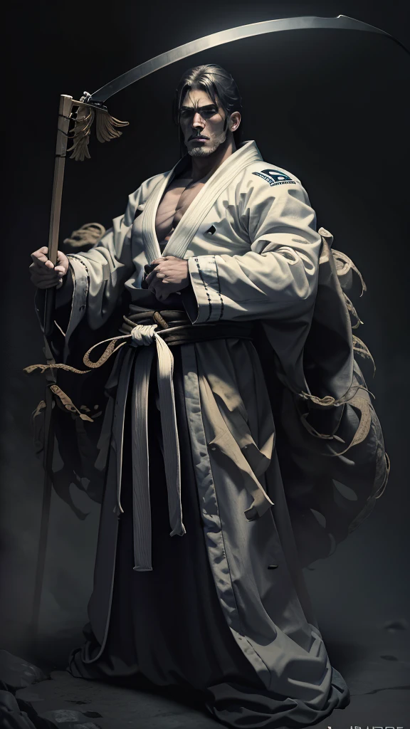 A Jiu-Jitsu fighter wearing a white kimono, with the black sash tied tightly around the waist. Your body is muscular and agile, ready to face any challenge on the mat. He maintains a confident posture, with feet apart and arms relaxed. Your eyes are focused, and its expression conveys determination and respect for the traditions of the sport.