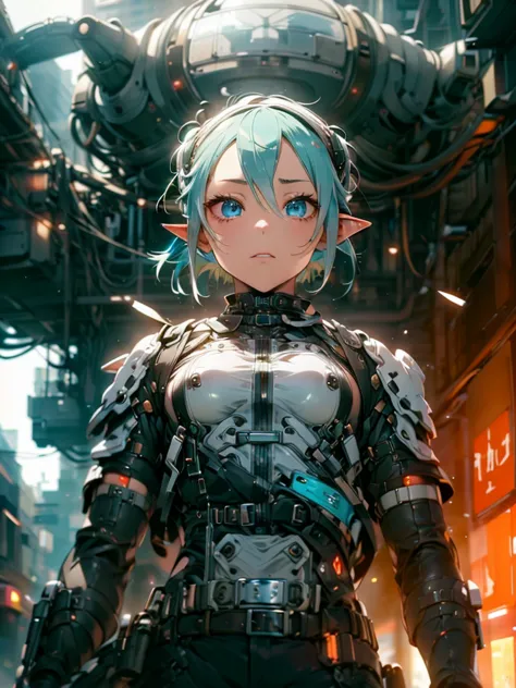 femboy, cyberpunk style, blue hair, blue eyes, 1boy, elf ears