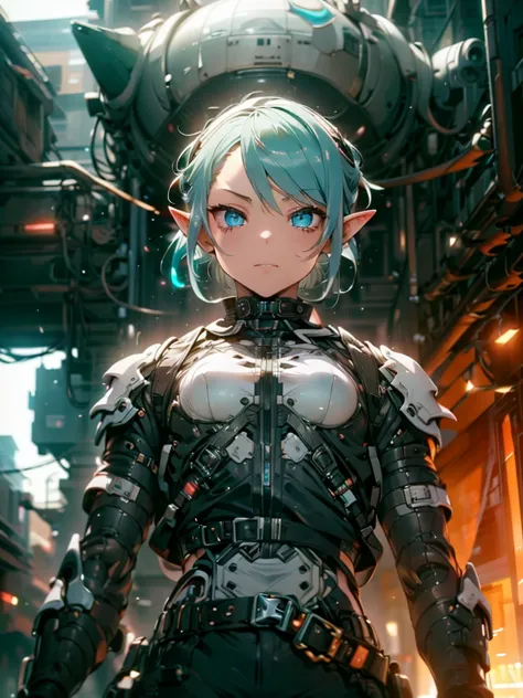 femboy, cyberpunk style, blue hair, blue eyes, 1boy, elf ears