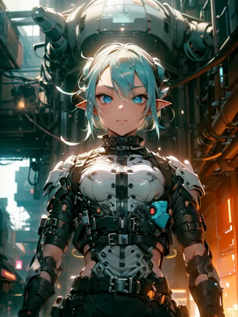 femboy, cyberpunk style, blue hair, blue eyes, 1boy, elf ears