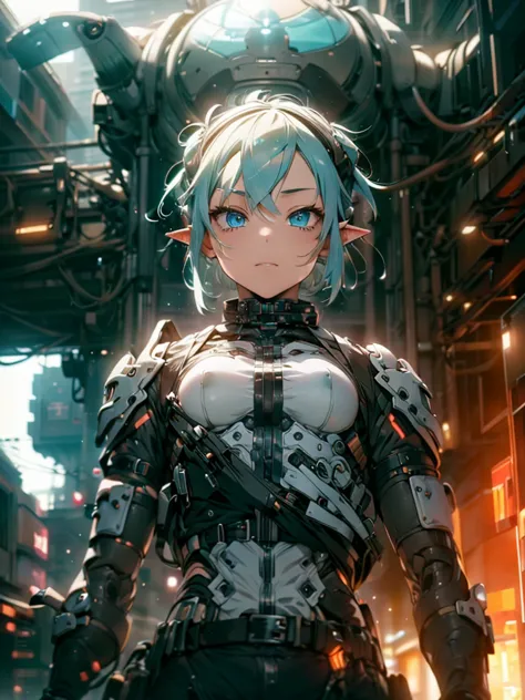 femboy, cyberpunk style, blue hair, blue eyes, 1boy, elf ears