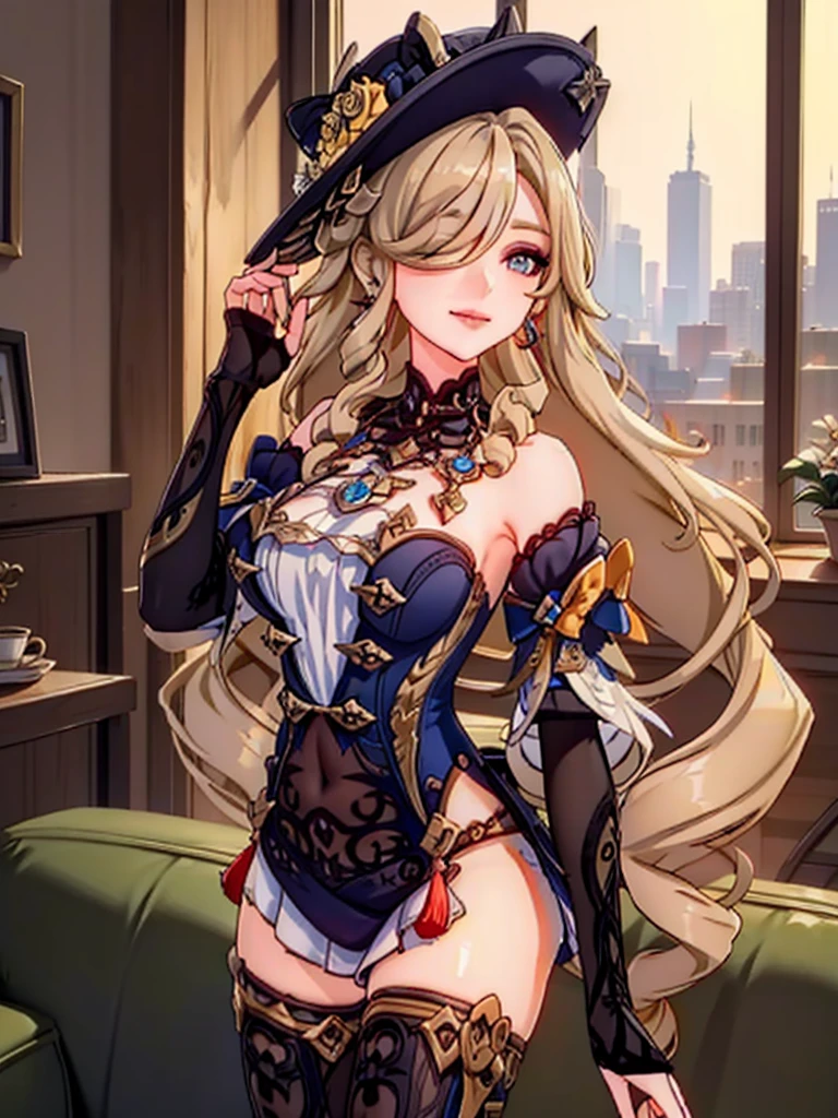 earrings, braided ponytail, puffy sleeves, gold trim, gloves, bodysuit, breast curtain, shoulder cutout, covered navel, hip vent, clothing cutout, tassel, (luxury livingroom background), ShenheV4, anime cels style, best quality, high resolution, 1girl, (huge breasts:1.2), beautiful face, grey hair, long hair, hair ornament, hair over one eye, blue eyes, cowboy shot, smiling