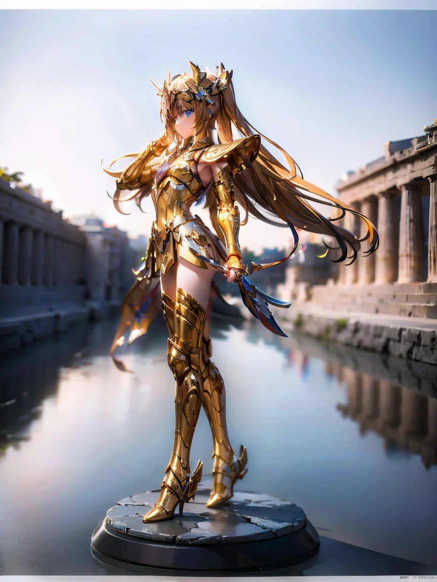 masterpiece, Highest quality, Very detailed, 16K, Ultra-high resolution, Straight Long Hair, Detailed face, Perfect Fingers, 1 female, 14 years old, Greece, In front of the Parthenon, Sagittarius Armor, armor, golden armor, wing, Helmet, long metal wing, long golden wing