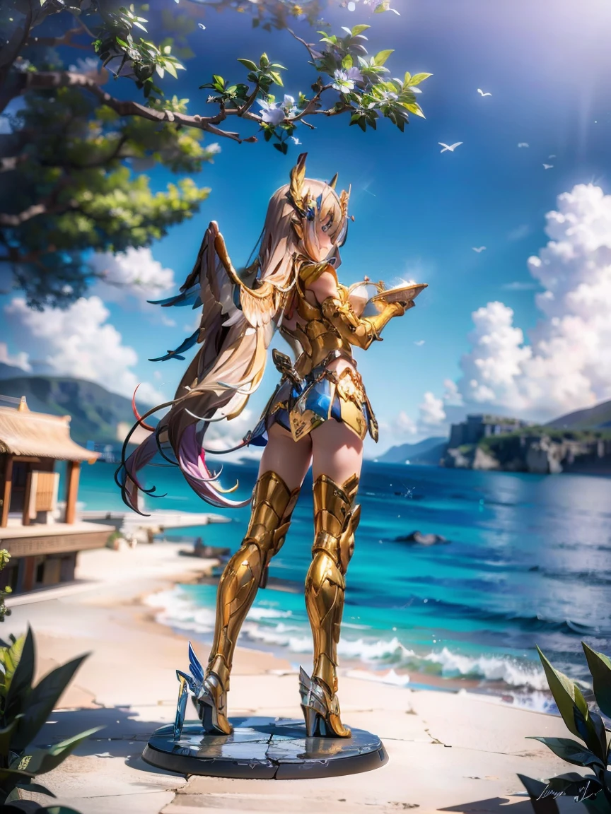 masterpiece, Highest quality, Very detailed, 16K, Ultra-high resolution, Straight Long Hair, Detailed face, Perfect Fingers, 1 female, 14 years old, Greece, In front of the Parthenon, Sagittarius Armor, armor, golden armor, wing, Helmet, long metal wing, long golden wing