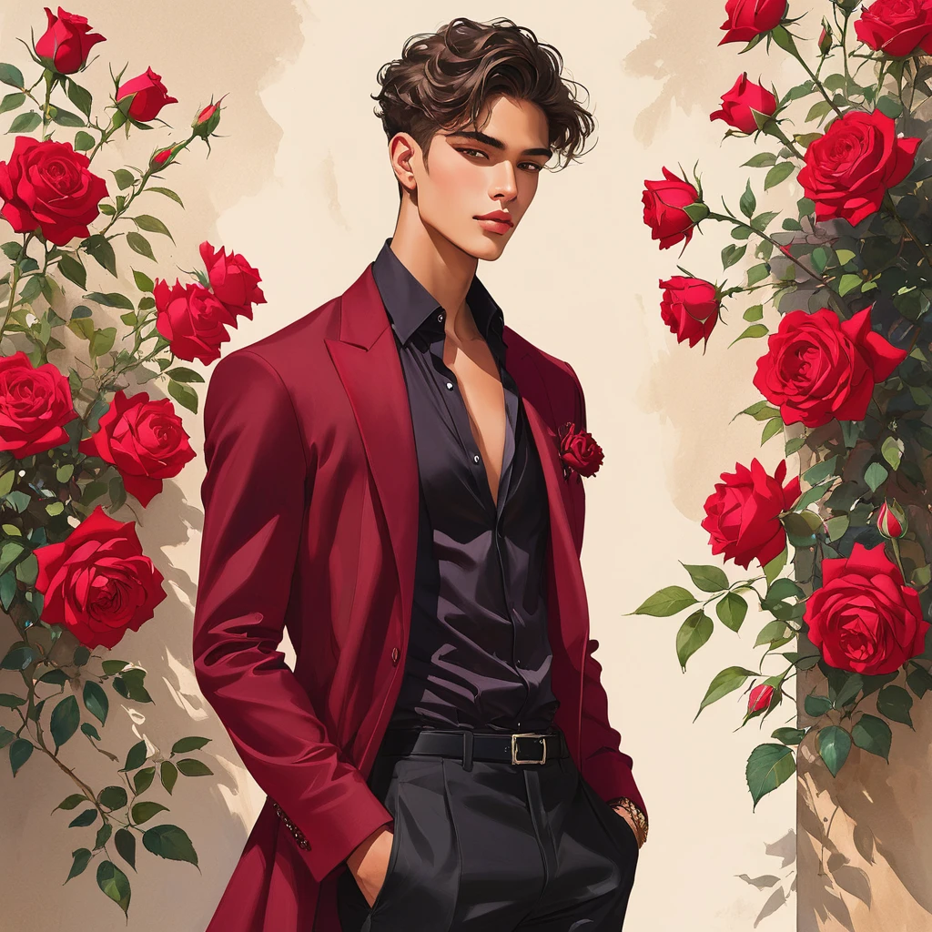 candid fashion illustration of young Mixed race 2man, both aged 18-23 year old, ((showcase fashion look book)), the design inspired by the price rose from David Austin Rose, Depict Lucifer as a charismatic and sophisticated figure dressed in a casual yet elegant deep red outfit. He is a striking presence with an air of mystery and intelligence. He wears a well-fitted, robe over a black shirt, with dark stylish shoes. His demeanor is confident and charming, with a subtle hint of his divine origins in his calm and intense gaze. The background should be a modern, urban setting with a blend of sophistication and casualness, Captured in a low angle, ((full-body image)), fashion sketching, realistic drawing, ((imperfect water color drawing background)), fashion look book, fashion illustrator, fashion sketch design, gay, gay couple, The Prince rose, a variety by David Austin, is known for its deep crimson color. The blooms start as dark red buds and open into rich, velvety crimson flowers that can take on a slightly purple hue as they mature. The flowers are full and have a classic rosette shape with a strong, old rose fragrance.