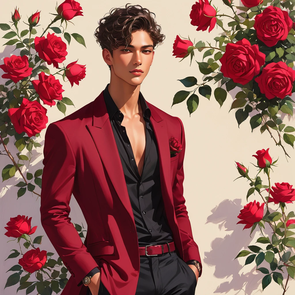 candid fashion illustration of young Mixed race 2man, both aged 18-23 year old, ((showcase fashion look book)), the design inspired by the price rose from David Austin Rose, Depict Lucifer as a charismatic and sophisticated figure dressed in a casual yet elegant deep red outfit. He is a striking presence with an air of mystery and intelligence. He wears a well-fitted, robe over a black shirt, with dark stylish shoes. His demeanor is confident and charming, with a subtle hint of his divine origins in his calm and intense gaze. The background should be a modern, urban setting with a blend of sophistication and casualness, Captured in a low angle, ((full-body image)), fashion sketching, realistic drawing, ((imperfect water color drawing background)), fashion look book, fashion illustrator, fashion sketch design, gay, gay couple, The Prince rose, a variety by David Austin, is known for its deep crimson color. The blooms start as dark red buds and open into rich, velvety crimson flowers that can take on a slightly purple hue as they mature. The flowers are full and have a classic rosette shape with a strong, old rose fragrance.