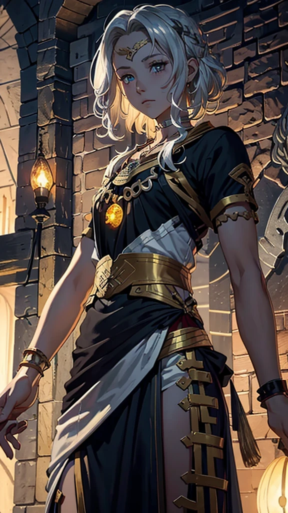 I have the image of an RPG character who has short messy blonde hair, golden eyes , a thin silver chain necklace with a silver scale pendant, a medieval black cloth outfit,  a red cloth tied around the waist, some black bracelets have a very serene appearance and that of someone good who keeps secrets. A 17 year old from the medieval era of Arton rpg from Tormenta 20 digital art, one  men 