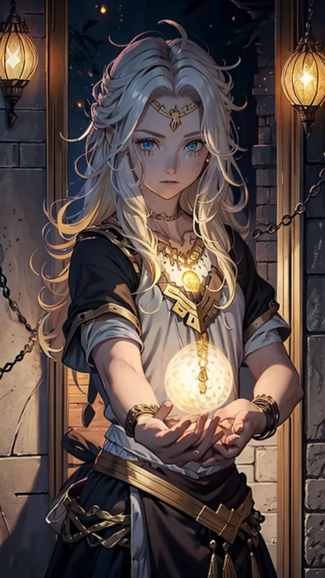 I have the image of an RPG character who has short messy blonde hair, golden eyes , a thin silver chain necklace with a silver s...